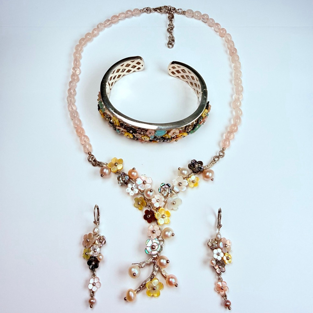 Whitney Kelly Rose Quartz MOP Pearl Mosaic Flower Sterling Silver 925 Necklace - Picture 10 of 12